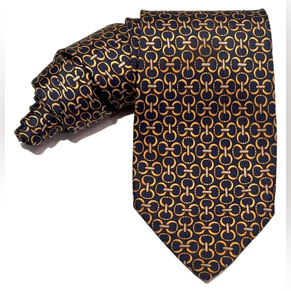 FENDI NECK TIE 100% SILK HAND MADE ITALY BLUE GOLD LINKS PREOWNED